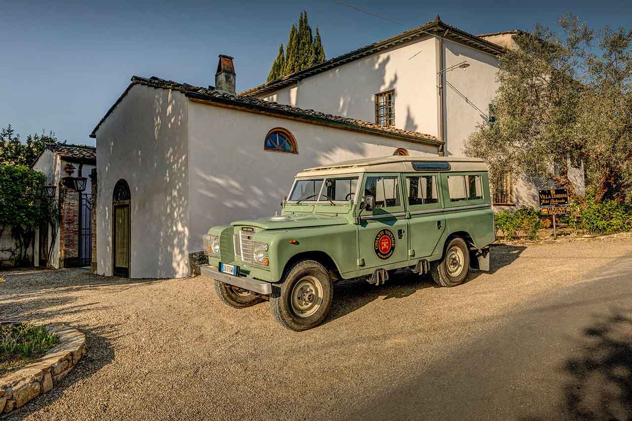 Chianti Vintage Expeditions - vintage Land Rover parked outside Villa Bordoni